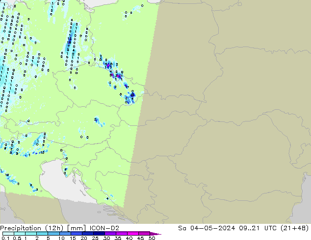 Totale neerslag (12h) ICON-D2 za 04.05.2024 21 UTC