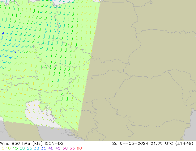 Wind 850 hPa ICON-D2 za 04.05.2024 21 UTC