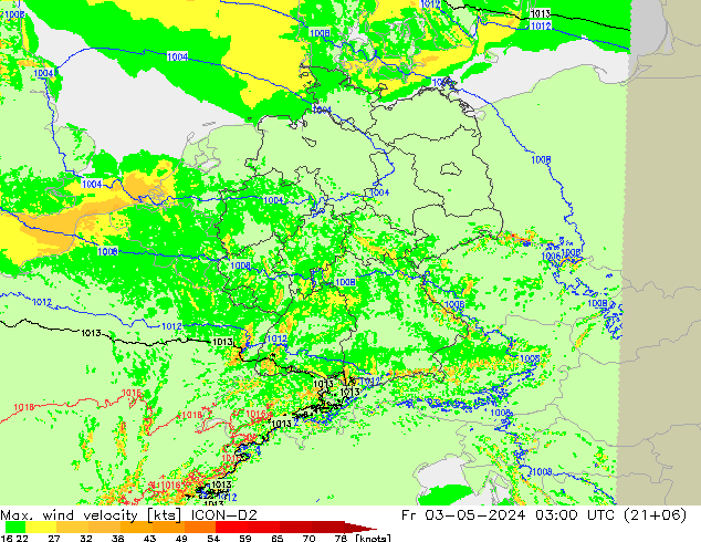 Max. wind velocity ICON-D2 Fr 03.05.2024 03 UTC