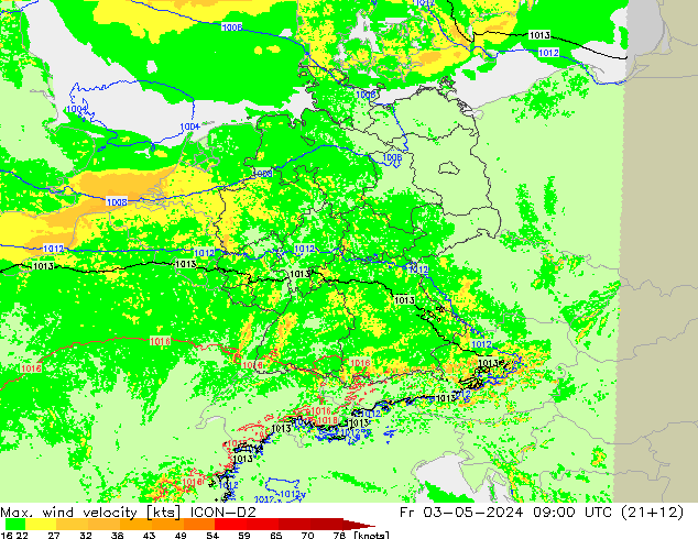 Max. wind snelheid ICON-D2 vr 03.05.2024 09 UTC