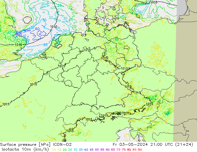 Isotachs (kph) ICON-D2 Pá 03.05.2024 21 UTC