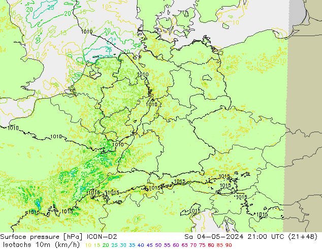 Isotachen (km/h) ICON-D2 za 04.05.2024 21 UTC