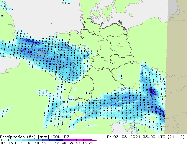 Precipitazione (6h) ICON-D2 ven 03.05.2024 09 UTC