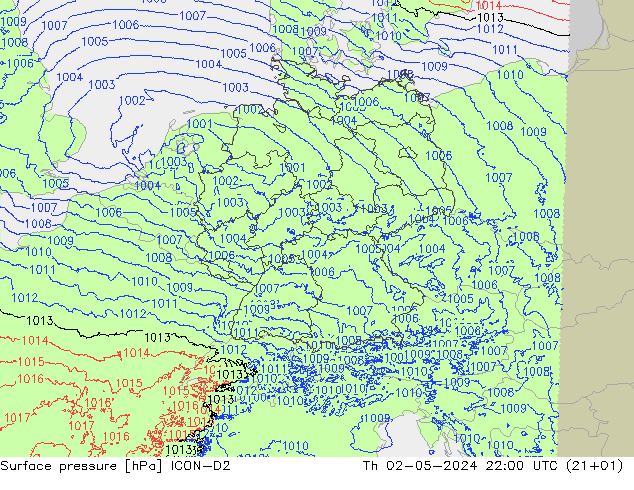 Atmosférický tlak ICON-D2 Čt 02.05.2024 22 UTC