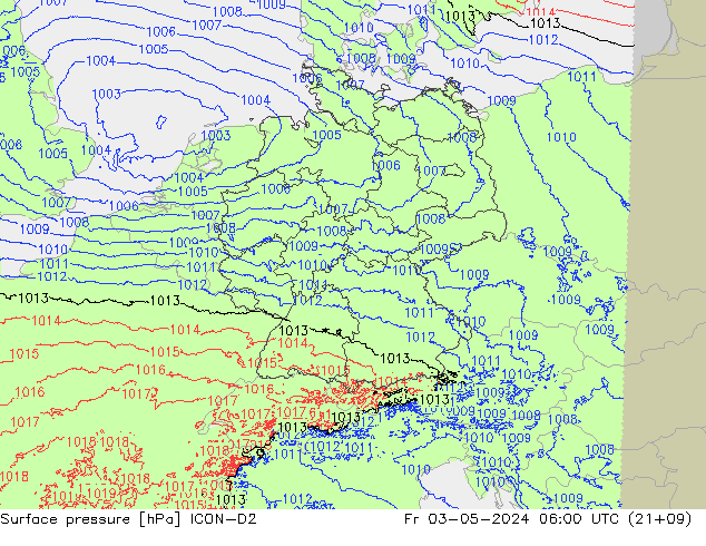 Luchtdruk (Grond) ICON-D2 vr 03.05.2024 06 UTC