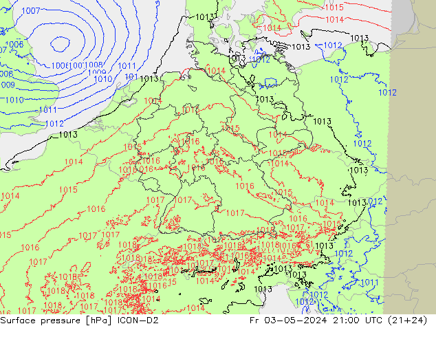 pressão do solo ICON-D2 Sex 03.05.2024 21 UTC