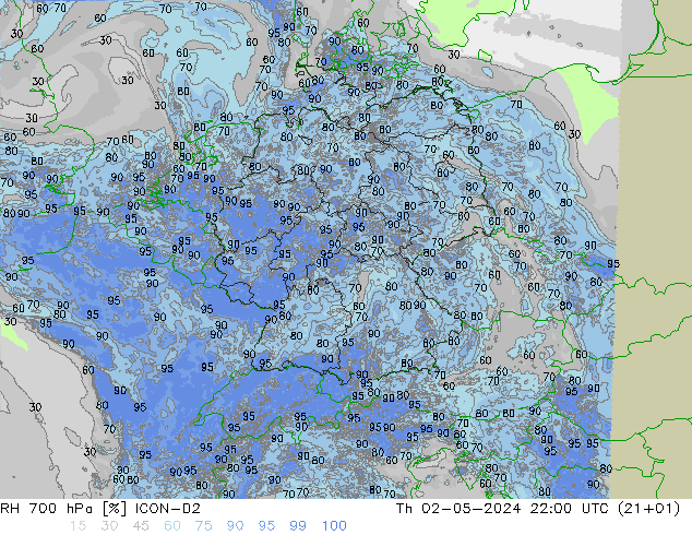 Humedad rel. 700hPa ICON-D2 jue 02.05.2024 22 UTC