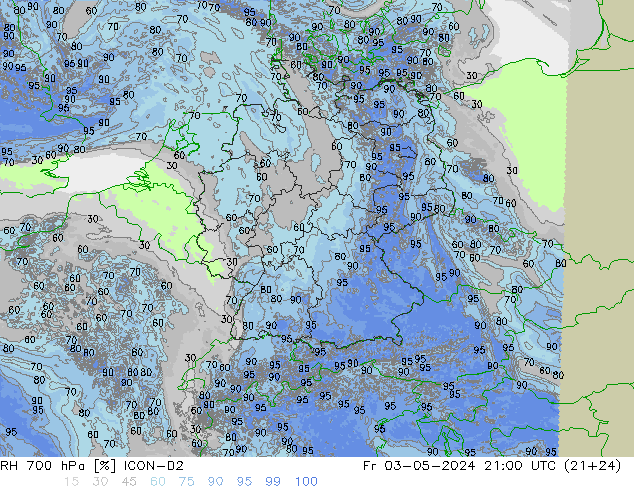 Humidité rel. 700 hPa ICON-D2 ven 03.05.2024 21 UTC
