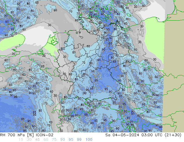 RH 700 hPa ICON-D2 Sa 04.05.2024 03 UTC