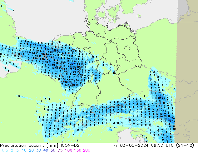 Precipitation accum. ICON-D2 pt. 03.05.2024 09 UTC