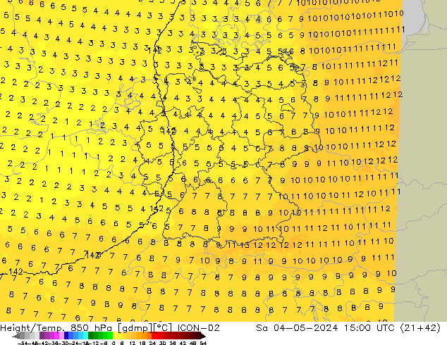 Height/Temp. 850 hPa ICON-D2 Sa 04.05.2024 15 UTC