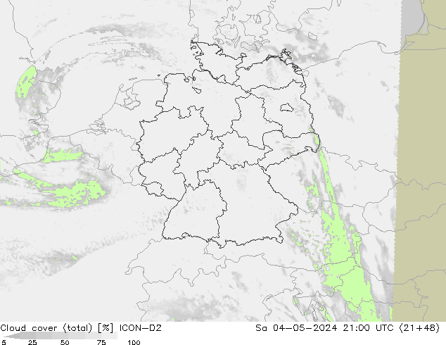 Cloud cover (total) ICON-D2 So 04.05.2024 21 UTC