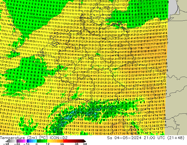 Temperaturkarte (2m) ICON-D2 Sa 04.05.2024 21 UTC