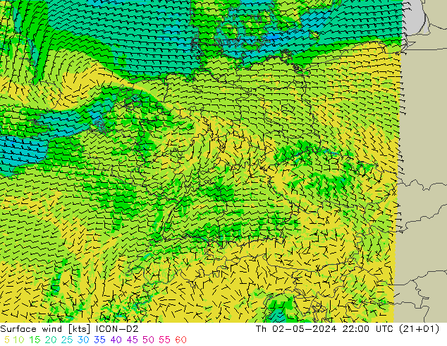 风 10 米 ICON-D2 星期四 02.05.2024 22 UTC