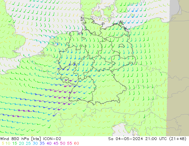 Vento 850 hPa ICON-D2 Sáb 04.05.2024 21 UTC