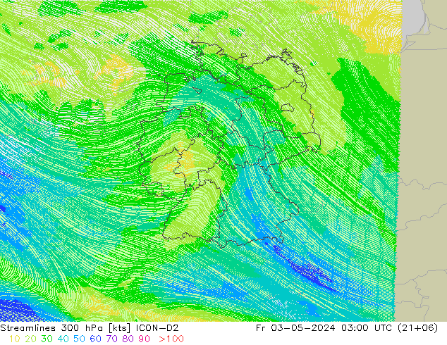 Streamlines 300 hPa ICON-D2 Fr 03.05.2024 03 UTC