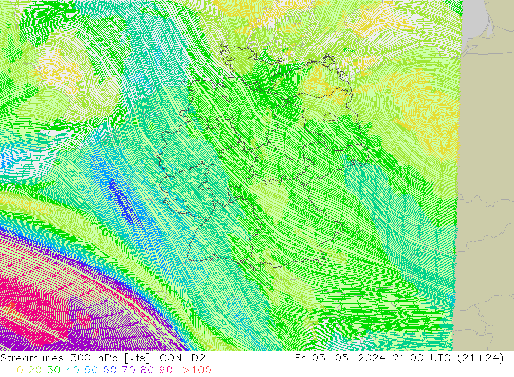 Linea di flusso 300 hPa ICON-D2 ven 03.05.2024 21 UTC