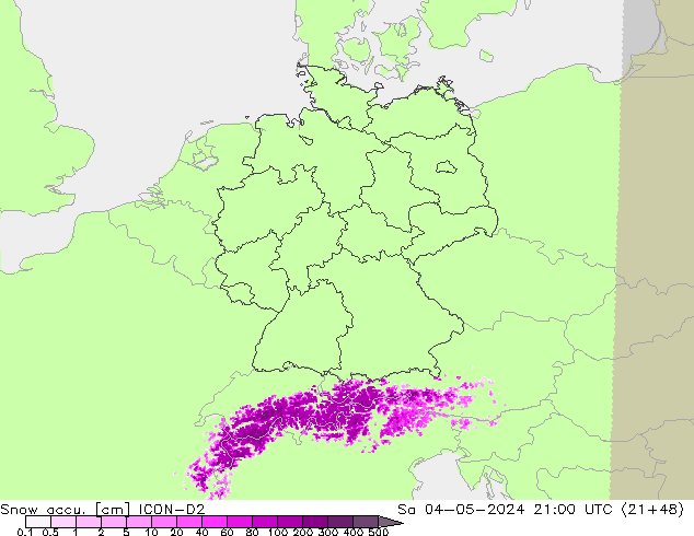 Snow accu. ICON-D2 Sa 04.05.2024 21 UTC