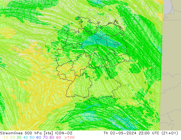 Línea de corriente 500 hPa ICON-D2 jue 02.05.2024 22 UTC