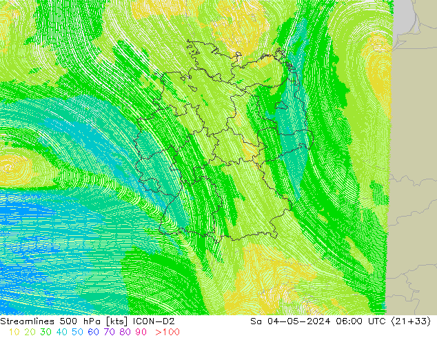 Ligne de courant 500 hPa ICON-D2 sam 04.05.2024 06 UTC