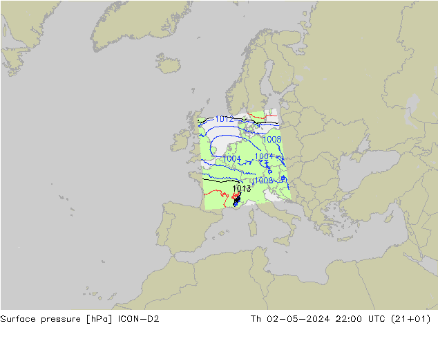 Luchtdruk (Grond) ICON-D2 do 02.05.2024 22 UTC