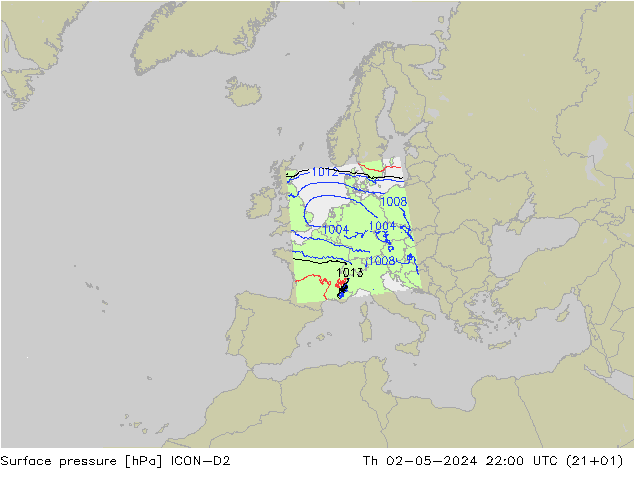 Surface pressure ICON-D2 Th 02.05.2024 22 UTC