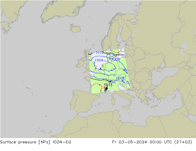 Presión superficial ICON-D2 vie 03.05.2024 00 UTC
