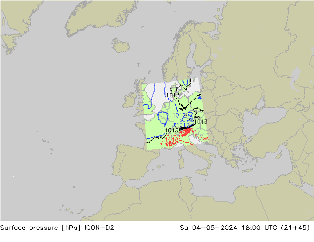 Presión superficial ICON-D2 sáb 04.05.2024 18 UTC