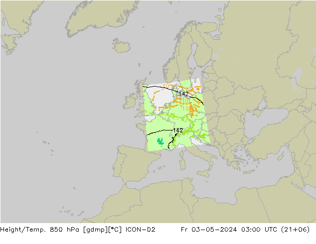 Height/Temp. 850 hPa ICON-D2 Fr 03.05.2024 03 UTC