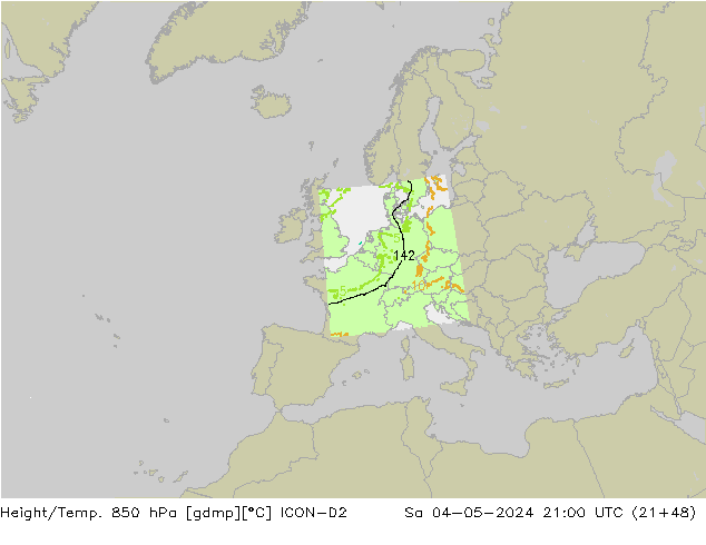 Hoogte/Temp. 850 hPa ICON-D2 za 04.05.2024 21 UTC