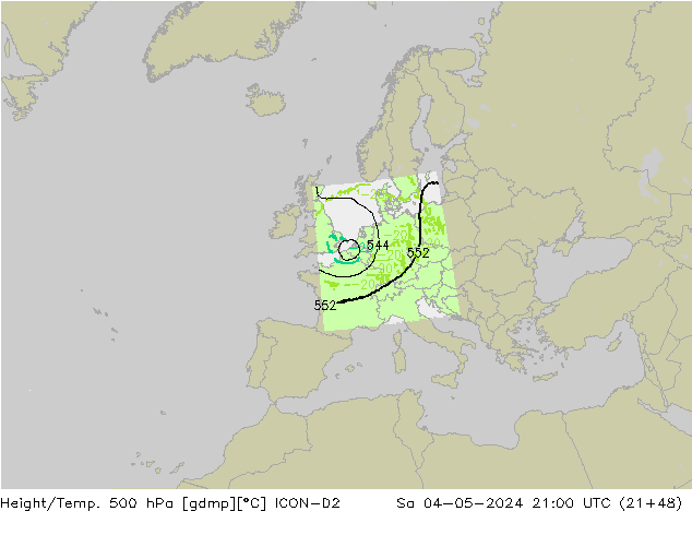 Hoogte/Temp. 500 hPa ICON-D2 za 04.05.2024 21 UTC