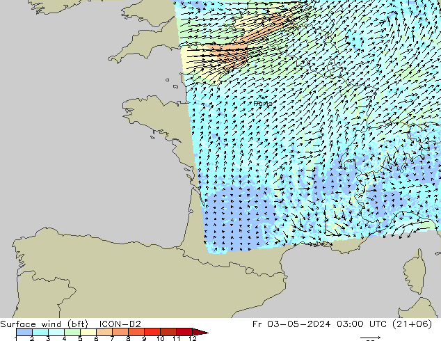 wiatr 10 m (bft) ICON-D2 pt. 03.05.2024 03 UTC