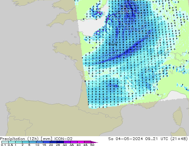 Precipitação (12h) ICON-D2 Sáb 04.05.2024 21 UTC