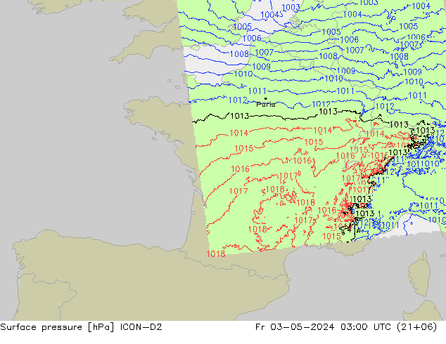 Surface pressure ICON-D2 Fr 03.05.2024 03 UTC