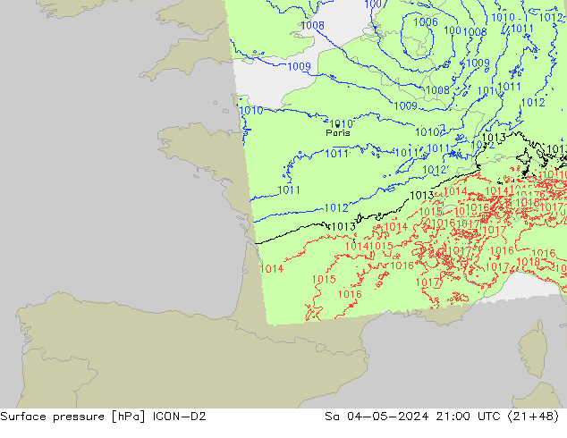 Surface pressure ICON-D2 Sa 04.05.2024 21 UTC