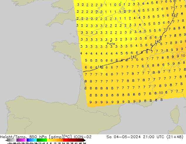 Height/Temp. 850 hPa ICON-D2 so. 04.05.2024 21 UTC