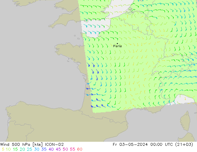 ветер 500 гПа ICON-D2 пт 03.05.2024 00 UTC
