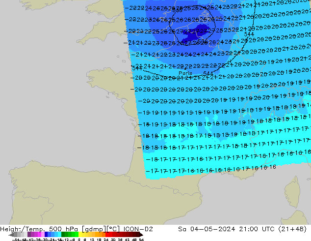 Height/Temp. 500 hPa ICON-D2 So 04.05.2024 21 UTC