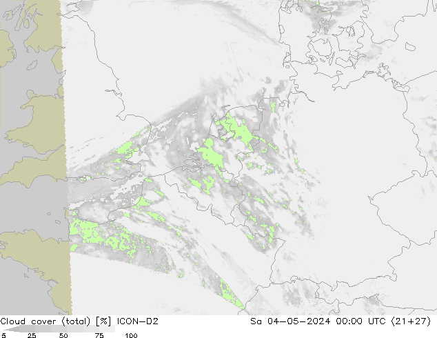Cloud cover (total) ICON-D2 Sa 04.05.2024 00 UTC