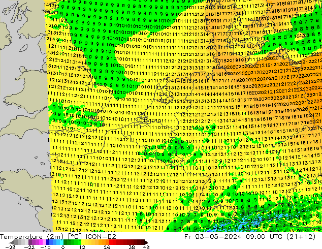 Temperaturkarte (2m) ICON-D2 Fr 03.05.2024 09 UTC