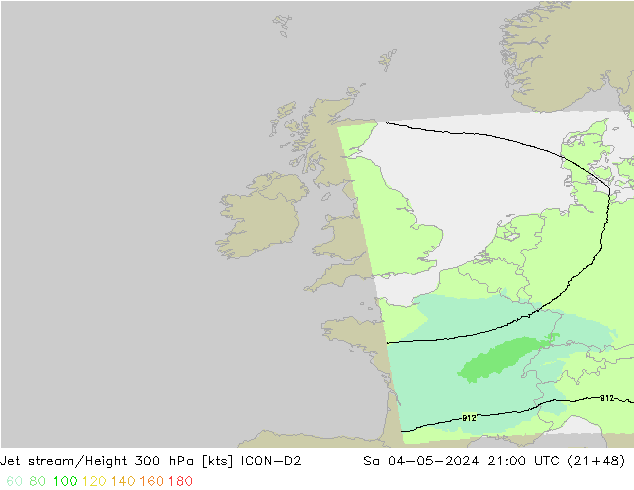 Jet stream ICON-D2 Sáb 04.05.2024 21 UTC