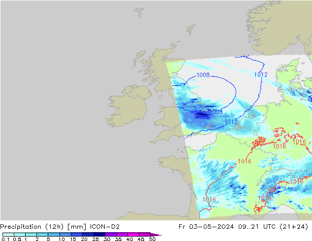 Precipitation (12h) ICON-D2 Fr 03.05.2024 21 UTC