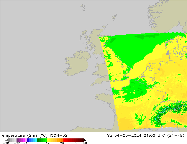 Temperatura (2m) ICON-D2 Sáb 04.05.2024 21 UTC