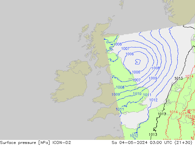 Presión superficial ICON-D2 sáb 04.05.2024 03 UTC