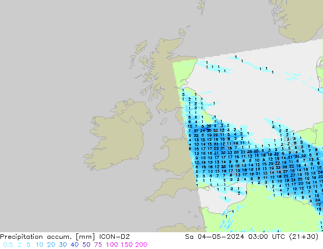 Precipitation accum. ICON-D2 So 04.05.2024 03 UTC