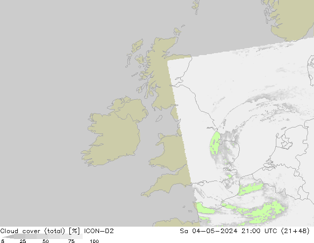 Cloud cover (total) ICON-D2 So 04.05.2024 21 UTC