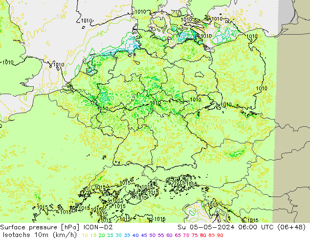 Isotachs (kph) ICON-D2 Su 05.05.2024 06 UTC