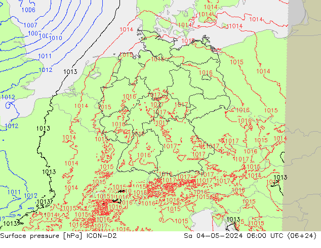 地面气压 ICON-D2 星期六 04.05.2024 06 UTC