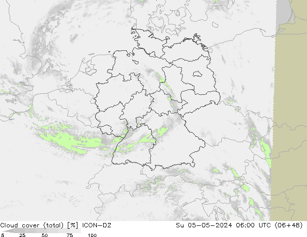 nuvens (total) ICON-D2 Dom 05.05.2024 06 UTC