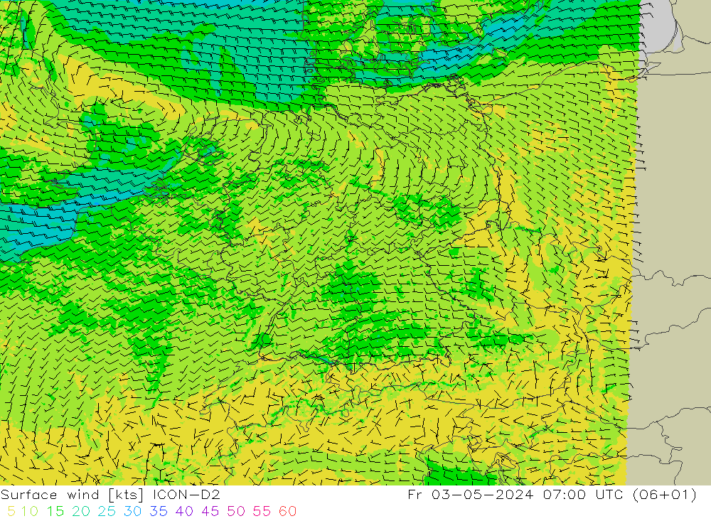 风 10 米 ICON-D2 星期五 03.05.2024 07 UTC